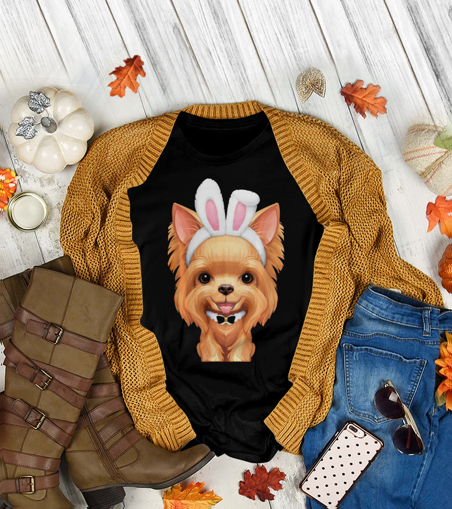 Yorkshire Terrier with Easter Bunny Ears and Bow Tie T-Shirt