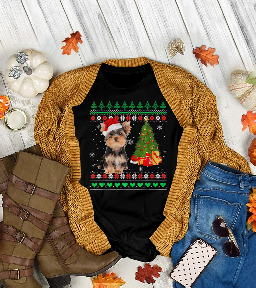 Yorkshire Terrier Santa Hat and Christmas Tree Festive T-Shirt