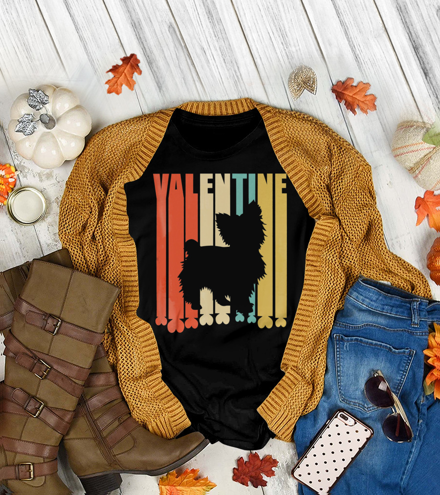 Yorkshire Dog Silhouette Retro Valentine Stripes T-Shirt