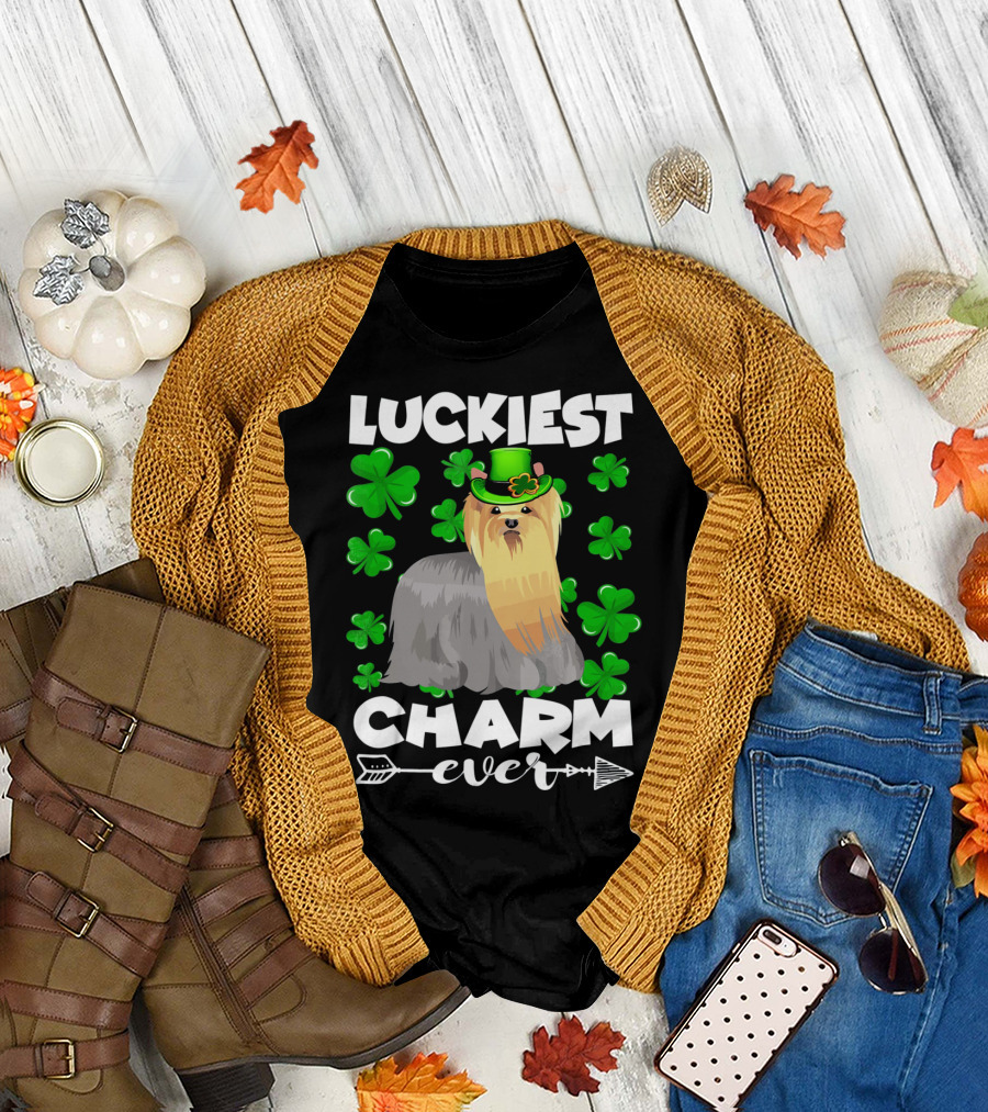Luckiest Charm Ever Yorkshire Terrier with Shamrocks T-Shirt