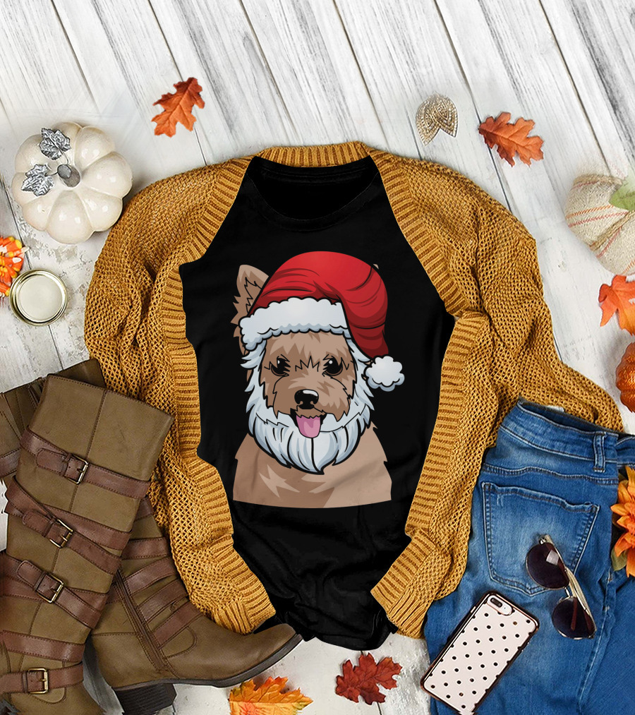 Yorkshire Terrier in Santa Hat Christmas Humor T-Shirt