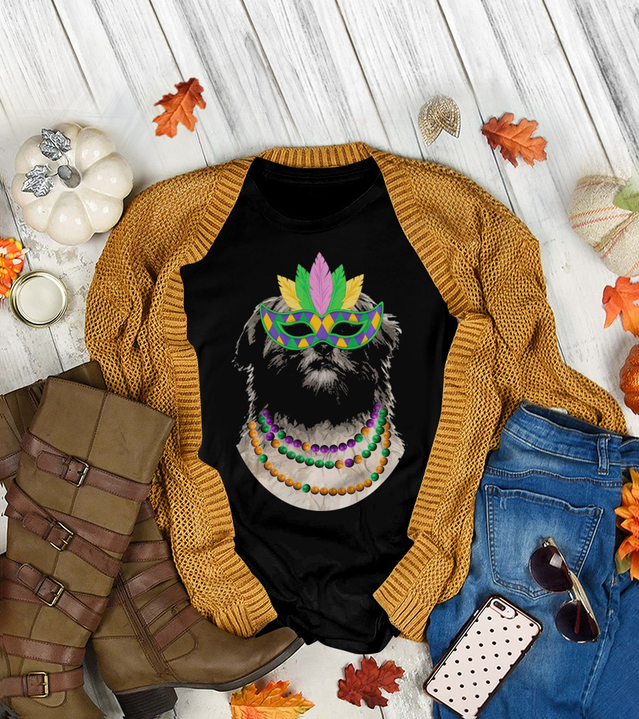 Lhasa Apso in Mardi Gras Mask with Colorful Beads T-Shirt