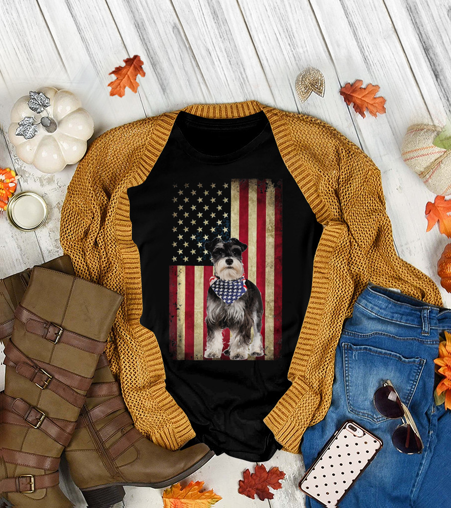 Miniature Schnauzer with American Flag Bandana on Stars and Stripes Background T-Shirt