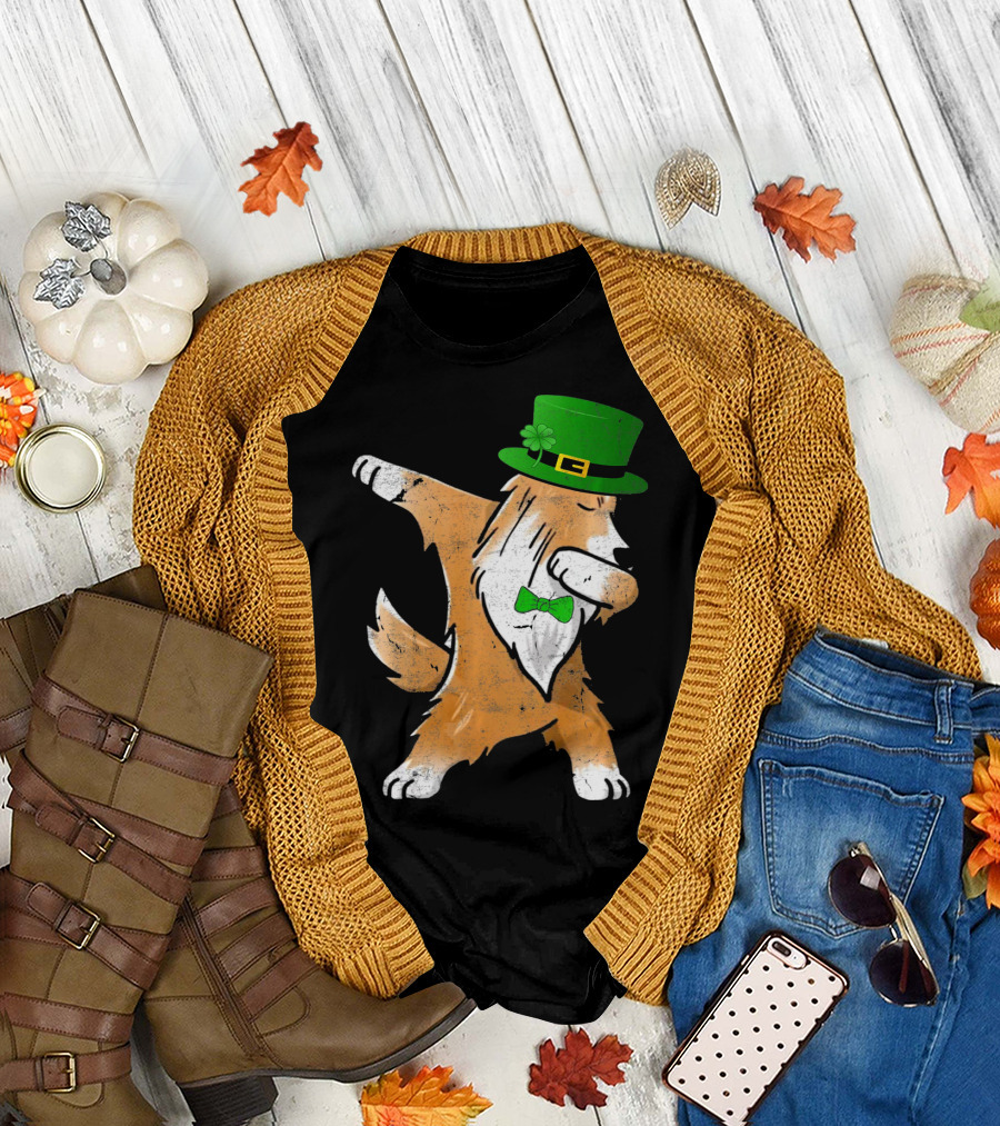 Dabbing Shetland Sheepdog Wearing Irish St Patrick's Day Hat and Bow Tie T-Shirt