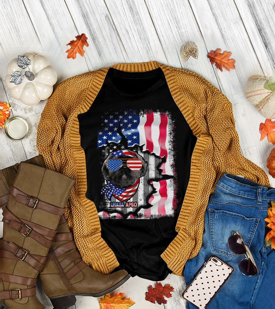 Lhasa Apso Dog American Flag Fun Lover T-Shirt