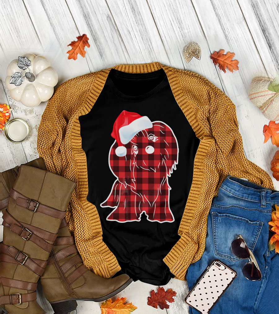 Lhasa Apso Plaid Santa Hat T-Shirt
