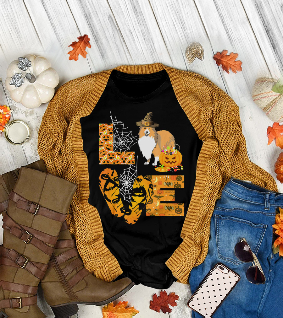 LOVE Sheltie Pumpkin Halloween Spiders and Jack-o'-Lanterns T-Shirt
