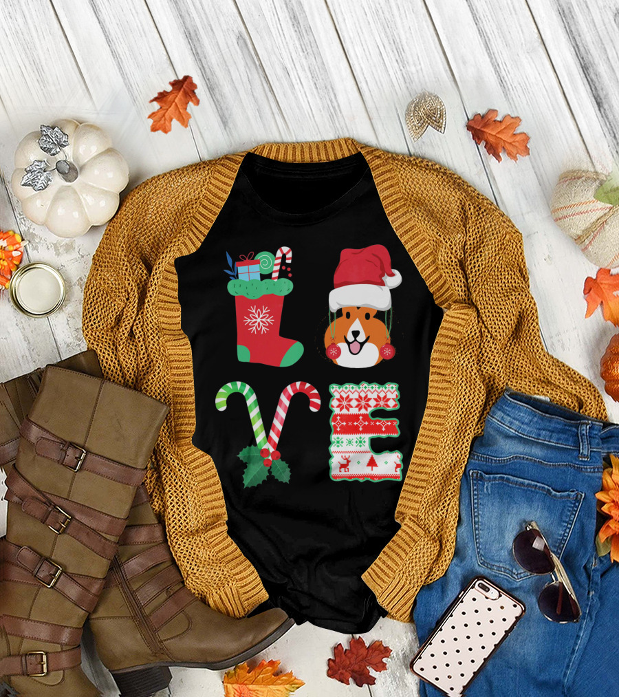LOVE Christmas Shetland Sheepdog Santa Hat Candy Canes Stocking Letter T-Shirt