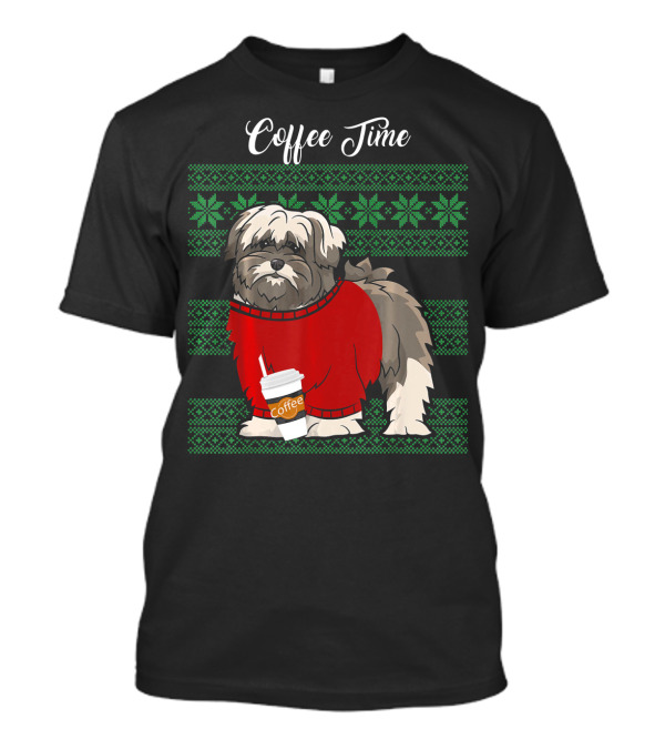 Lhasa Apso Christmas Coffee Time In Red Sweater With Green Snowflake T-Shirt