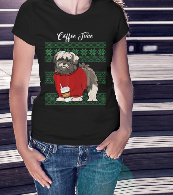 Lhasa Apso Christmas Coffee Time In Red Sweater With Green Snowflake T-Shirt