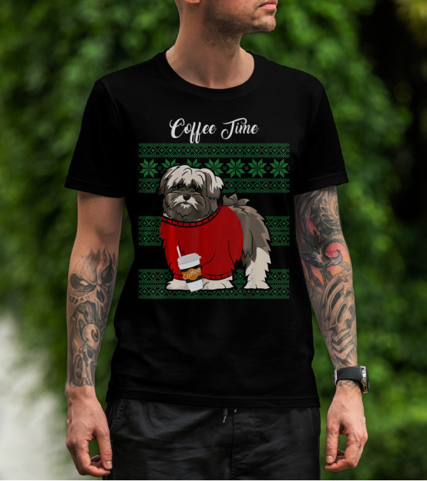 Lhasa Apso Christmas Coffee Time In Red Sweater With Green Snowflake T-Shirt