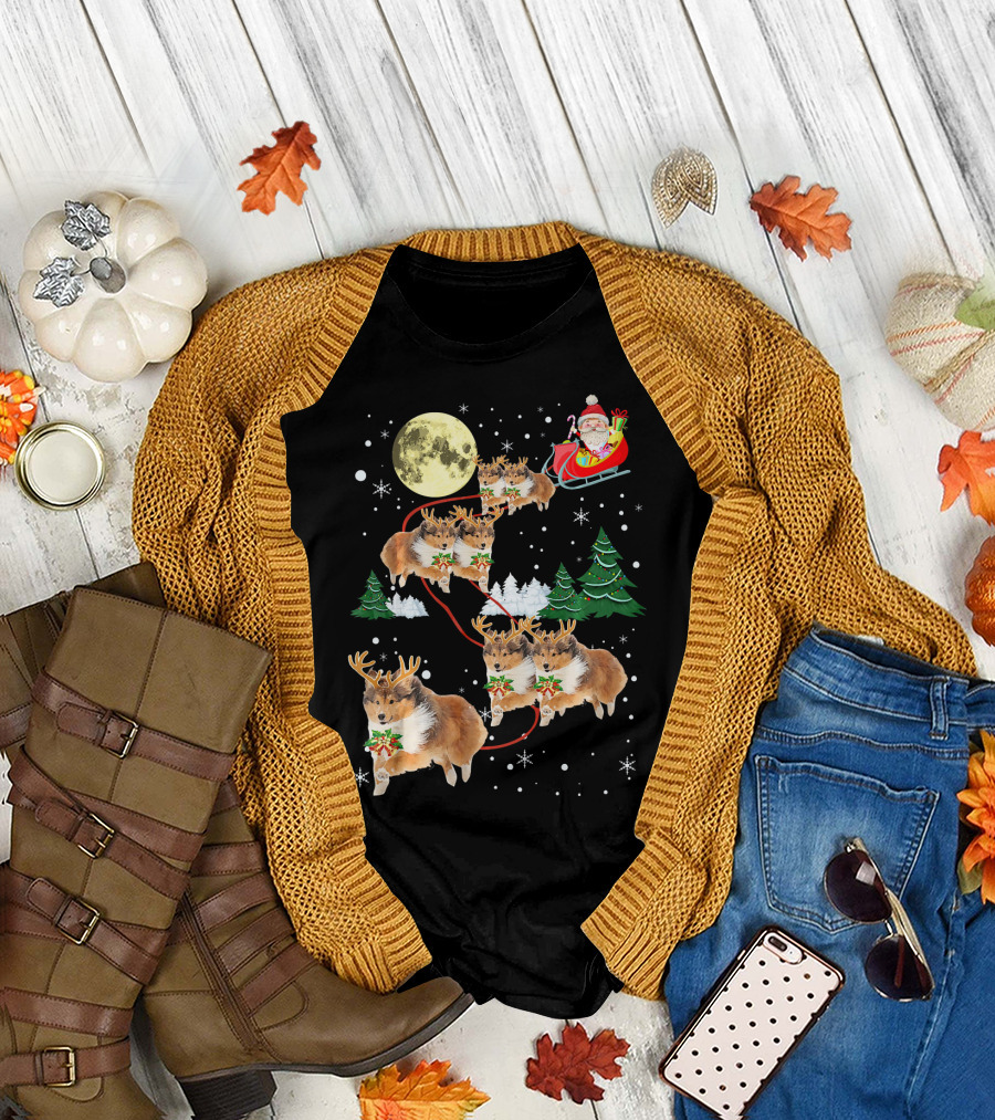 Funny Sheltie Christmas Xmas Pajama Santa Sleigh with Sheltie Reindeer and Moon T-Shirt