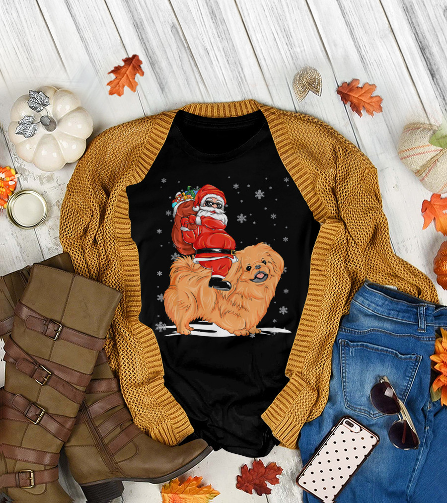 Funny Santa Claus Riding Pekingese Chris Snowflakes and Gift Sack T-Shirt