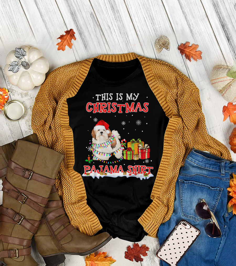 This Is My Christmas Pajama Shirt Lhasa Apso with Snowflakes and Gifts T-Shirt