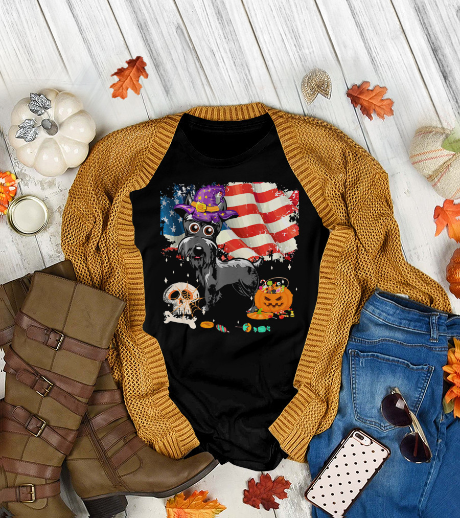 Schnauzer Halloween USA Flag Skull Pumpkin Candy T-Shirt