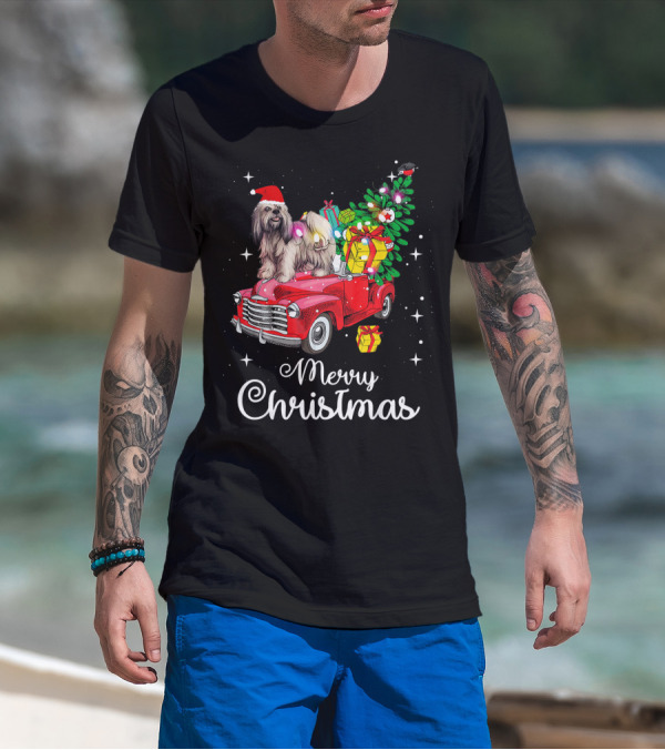 Lhasa Apso Rides Red Truck Merry Christmas Pajamas T-Shirt