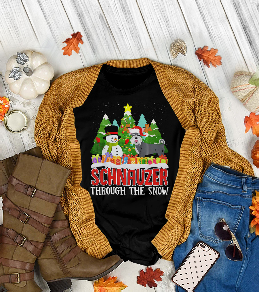 Schnauzer Through the Snow Christmas Tree Snowman Presents T-Shirt