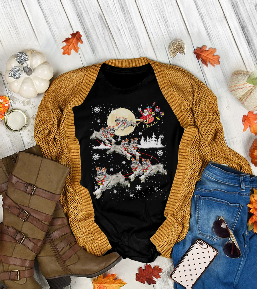 Santa Sleigh Christmas Schnauzer Reindeer Dog Snowflakes Moon T-Shirt