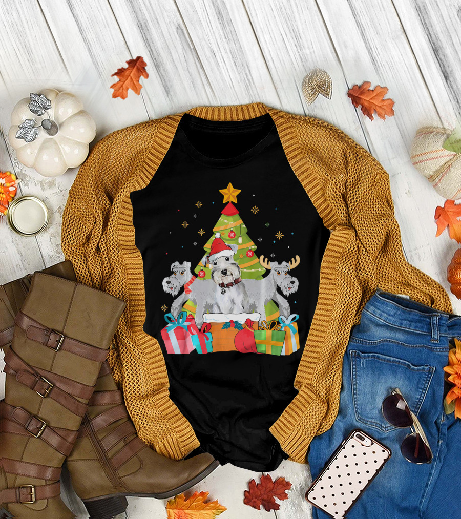 Christmas Cute Schnauzer Dog with Santa Hat and Reindeer Surrounded by Presents in Front of Christmas Tree T-Shirt