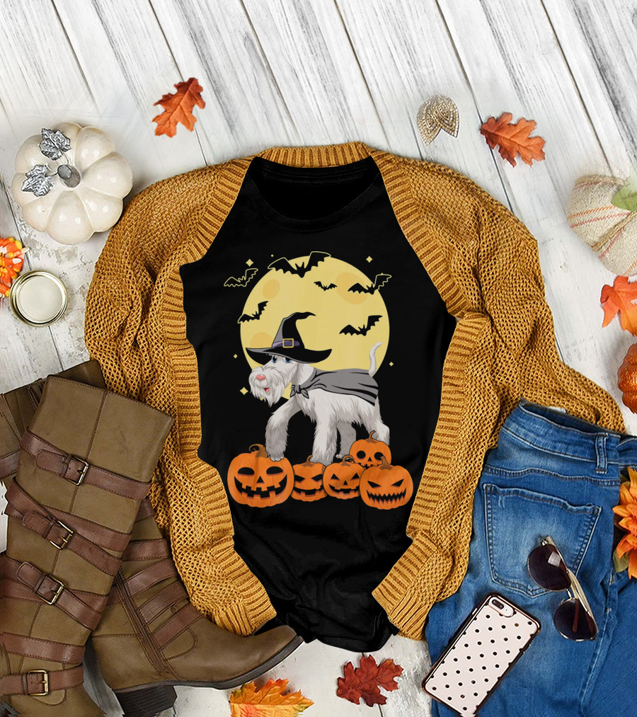 Happy Halloween Miniature Schnauzer Witch with Pumpkins and Bats T-Shirt