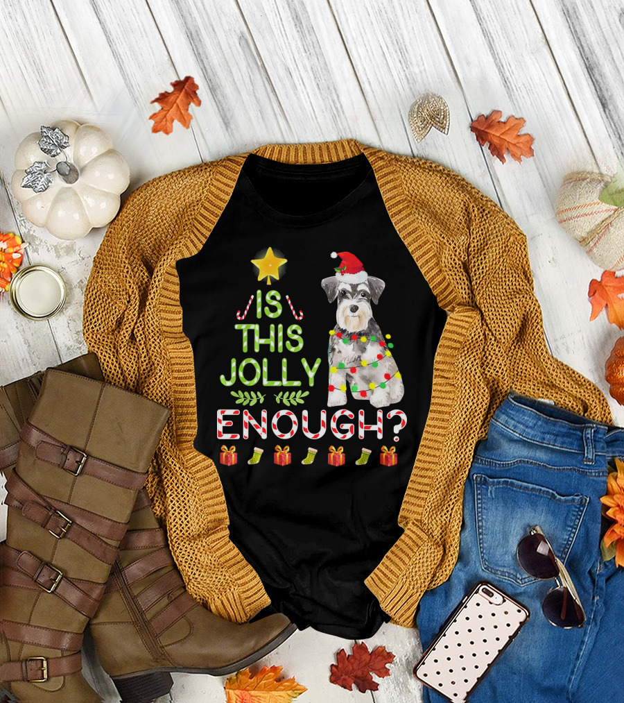 Is This Jolly Enough Schnauzer Christmas Holiday Dog Santa Hat Lights T-Shirt