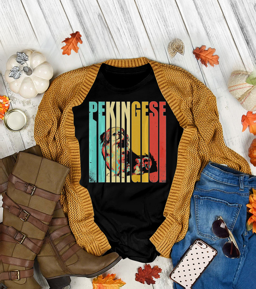 Vintage Pekingese Dog Retro Color Stripes T-Shirt