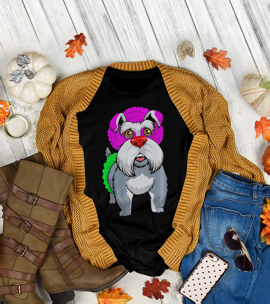 Cute Schnauzer Clown Mini Schna Dog with Colorful Costume T-Shirt
