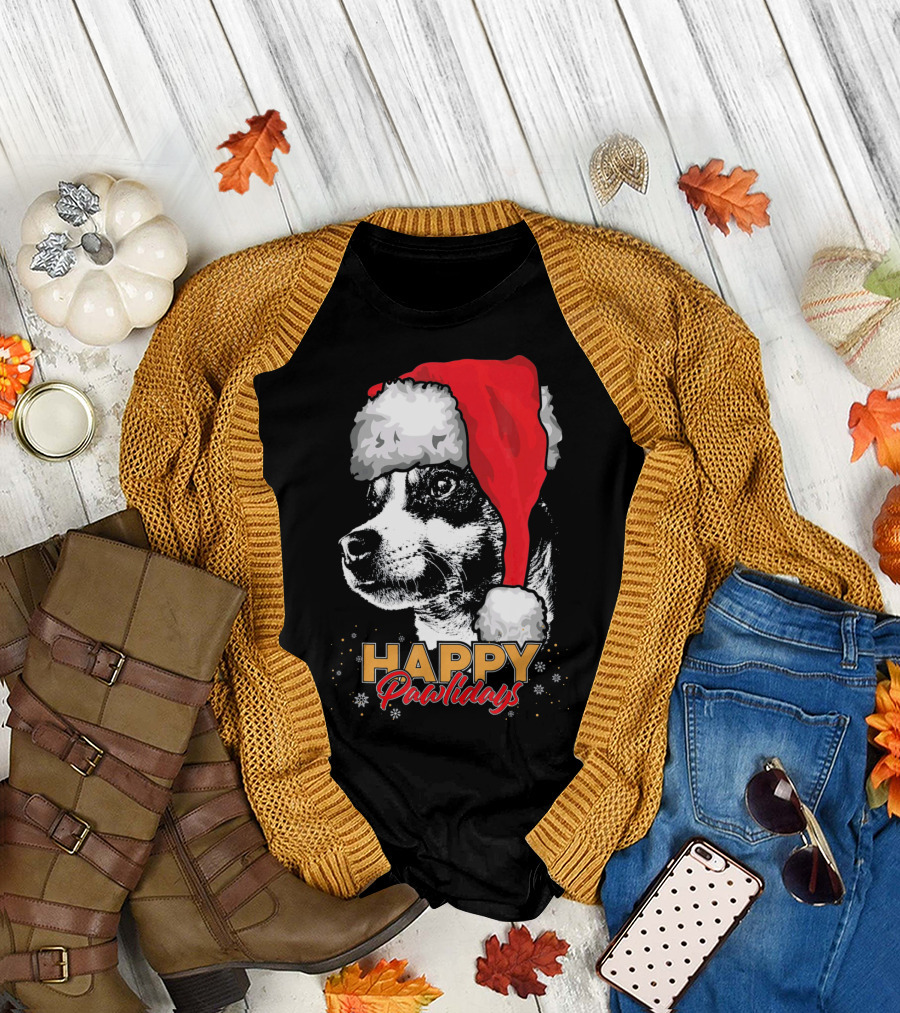 Happy Pawlidays Funny Christmas Rat Terrier Christmas Hat T-Shirt