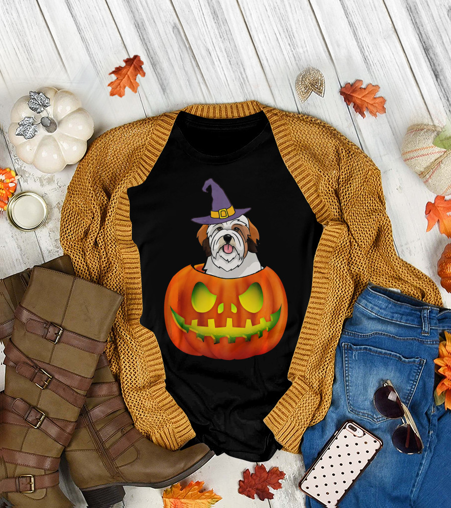 Lhasa Apso Halloween Costume Funny Pumpkin Dog in Witch Hat Scary T-Shirt