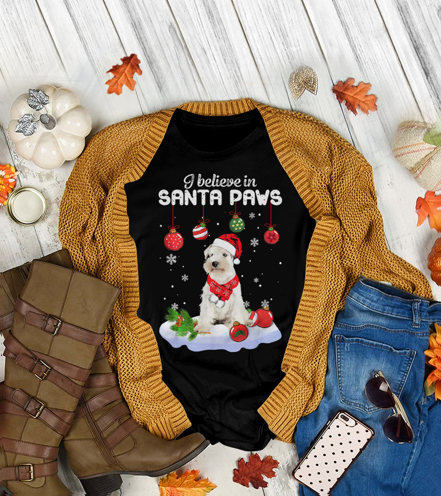 I Believe in Santa Paws Miniature Schnauzer Christmas Decor with Snowflakes and Ornaments T-Shirt
