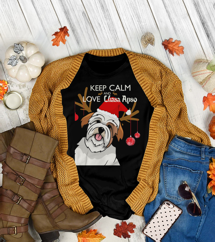 Keep Calm and Love Lhasa Apso Reindeer Santa Hat T-Shirt
