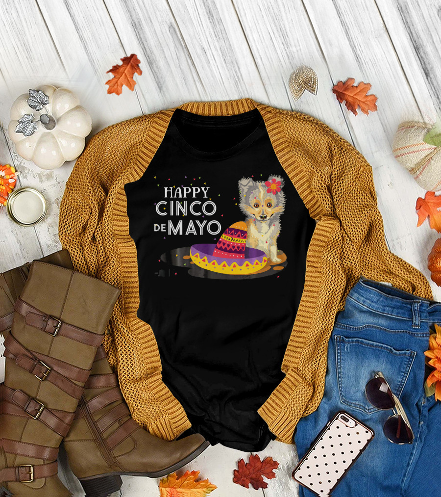 Happy Cinco De Mayo Funny Shelti Dog with Sombrero and Flower T-Shirt