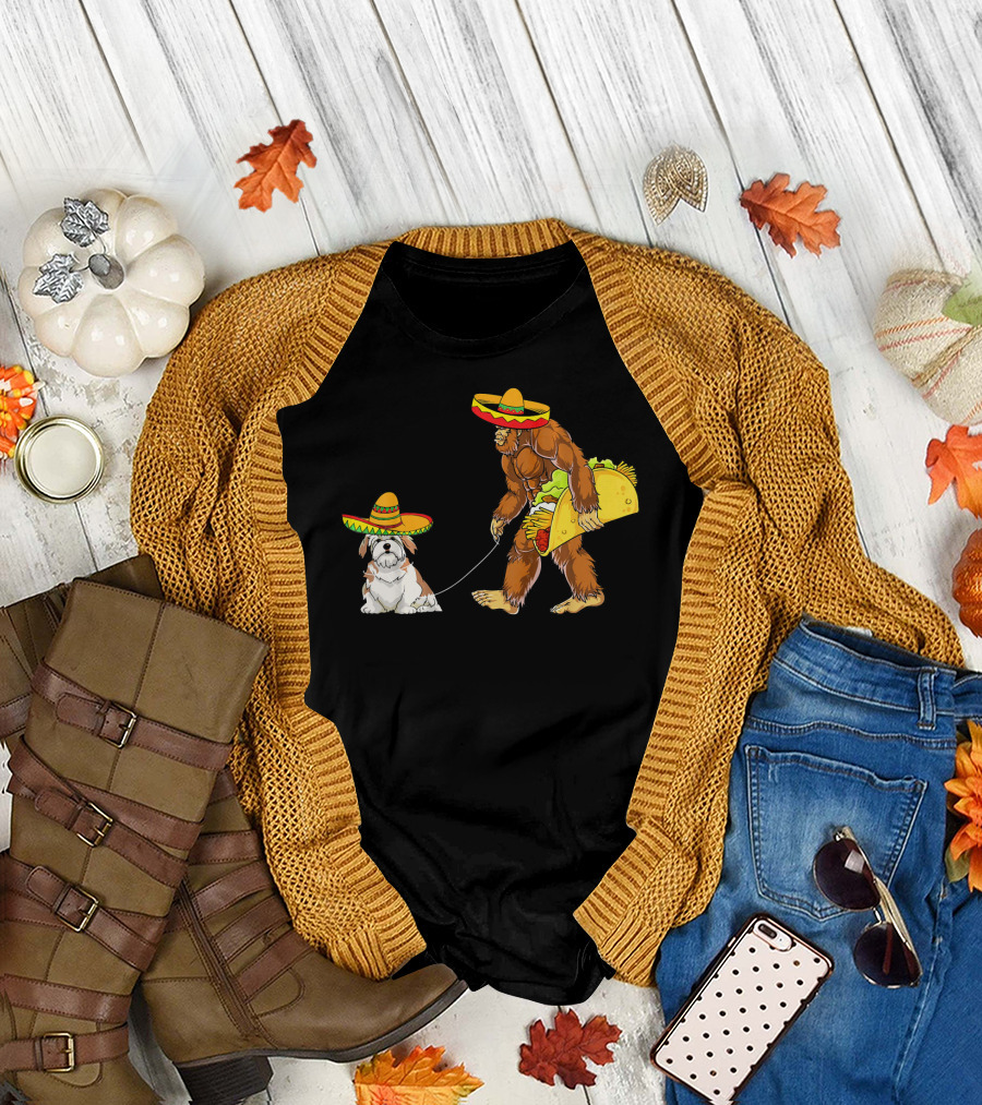 Cinco De Mayo Bigfoot Taco Lhasa Apso Sombrero Duo T-Shirt