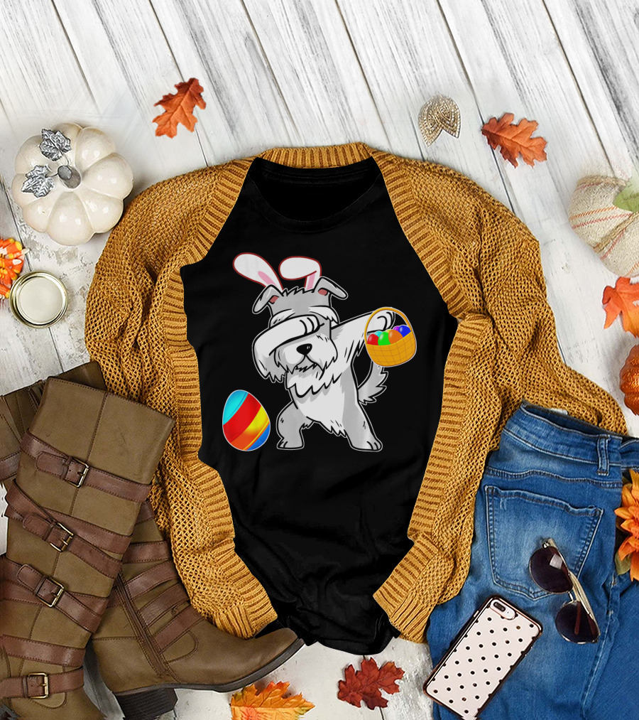 Easter Bunny Dabbing Schnauzer Dog with Colorful Eggs Basket T-Shirt