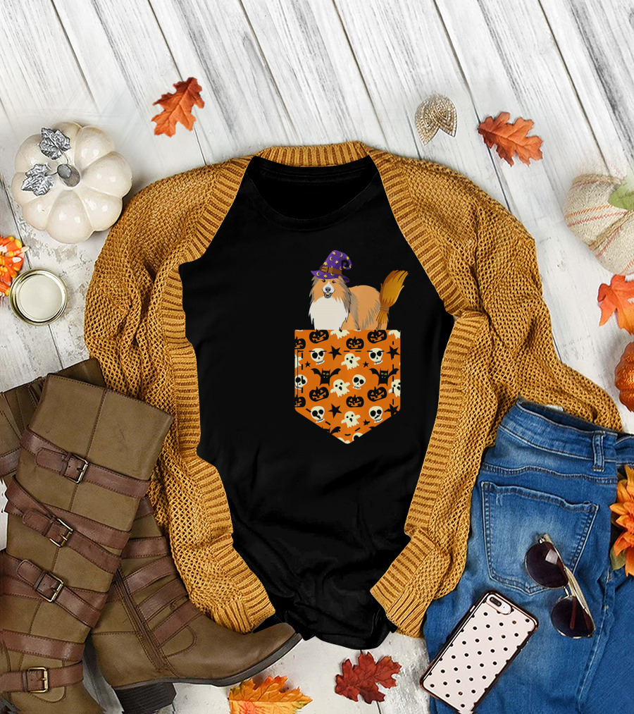 Cute Sheltie Pumpkin Pocket Halloween Cosplay with Witch Hat T-Shirt