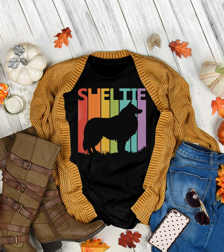 Sheltie Silhouette Retro Rainbow T-Shirt