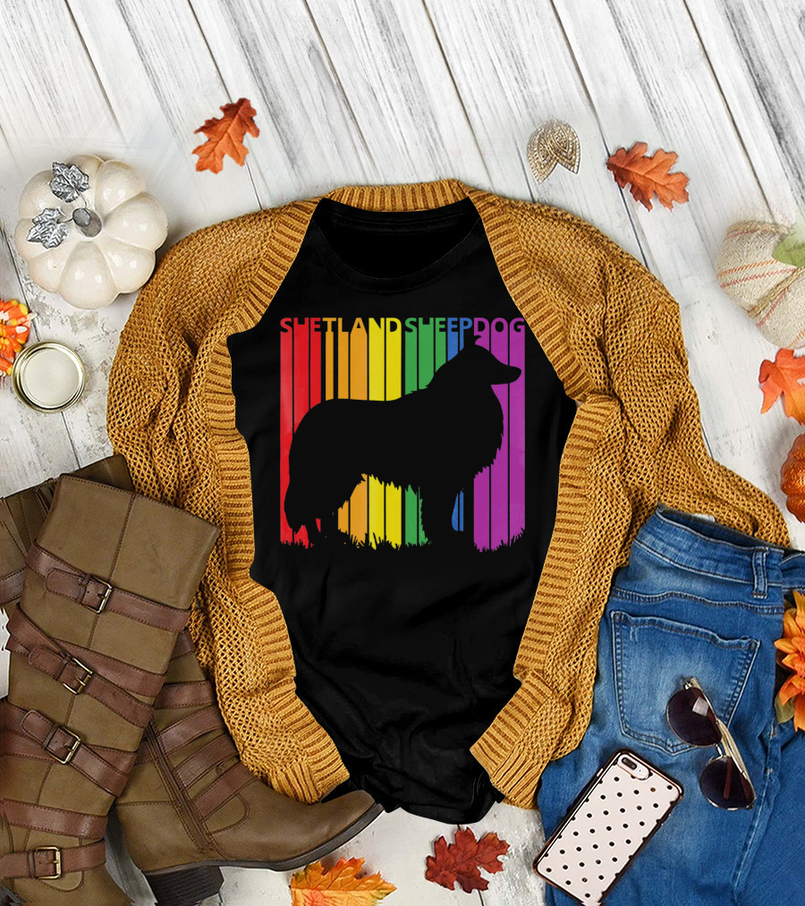 Shetland Sheepdog Silhouette on Rainbow Stripes T-Shirt