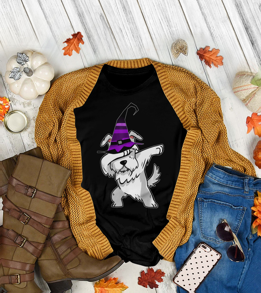 Halloween Dabbing Schnauzer Puppy Dog Witch Hat T-Shirt