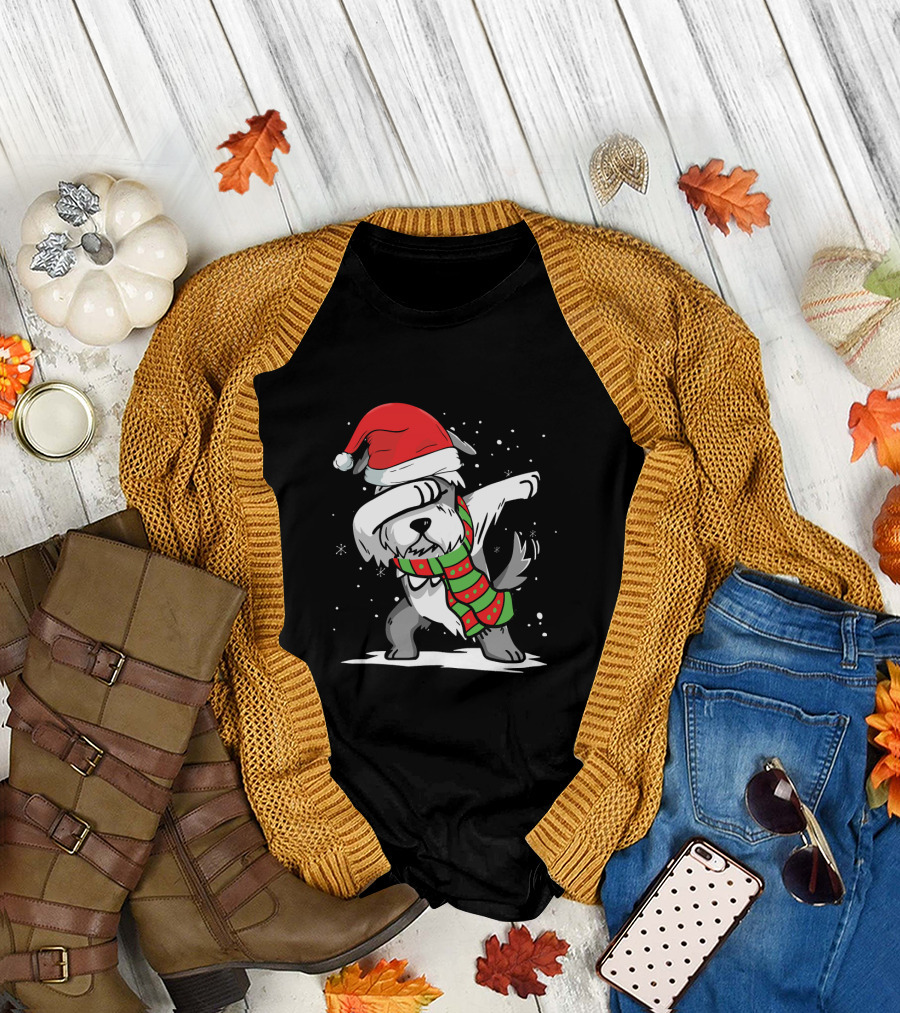 Festive Christmas Dabbing Schnauzer with Santa Hat and Scarf T-Shirt
