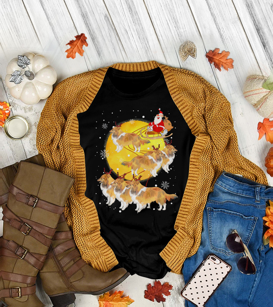 Shetland Sheepdog Reindeer Santa Sleigh Christmas Moon Snowflakes T-Shirt