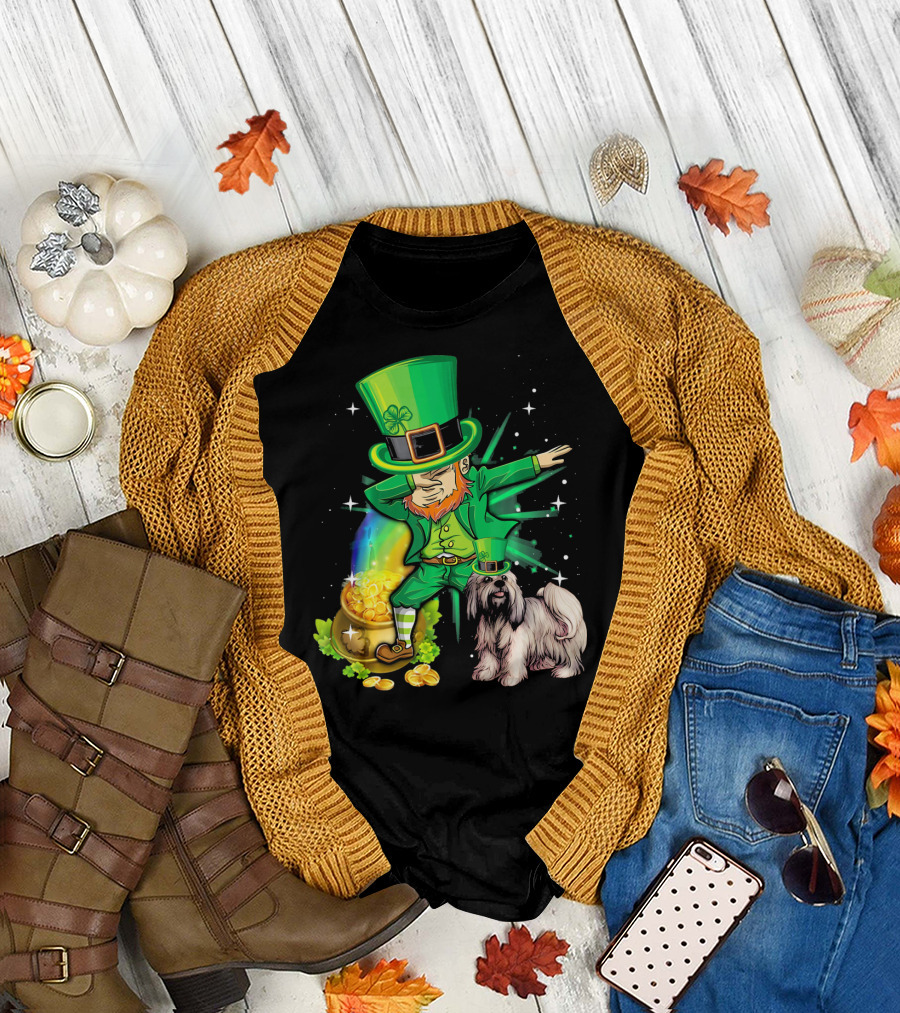 Leprechaun Dabbing with Pot of Gold and Lhasa Apso on St Patrick's Day T-Shirt