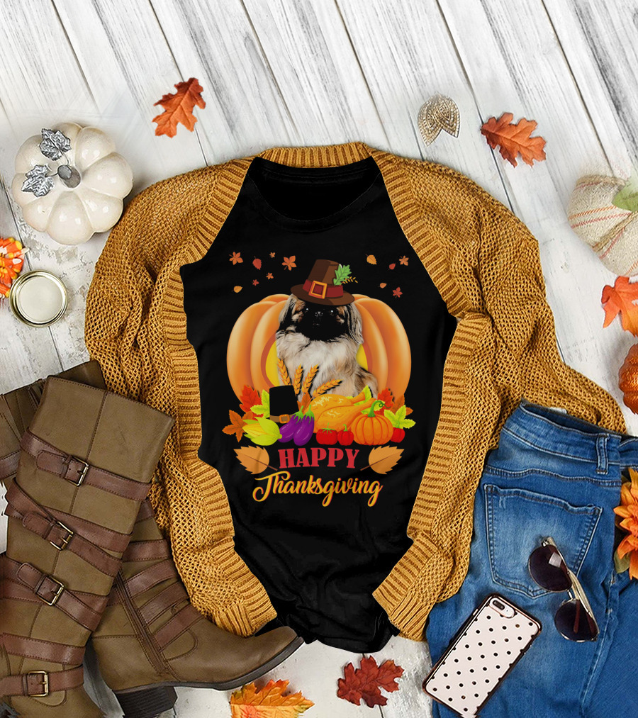Happy Thanksgiving Pekingese with Fall Harvest Elements T-Shirt