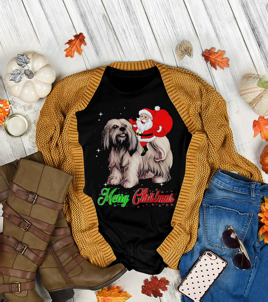 Merry Christmas Santa Riding Lhasa Apso T-Shirt