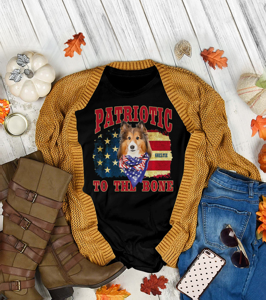 Patriotic Sheltie To The Bone American Flag T-Shirt