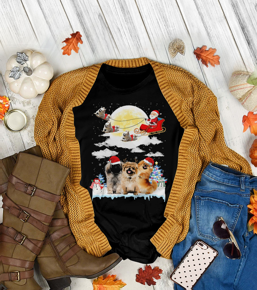 Santa on Sleigh with Pekingese Dogs and Festive Christmas Scene T-Shirt