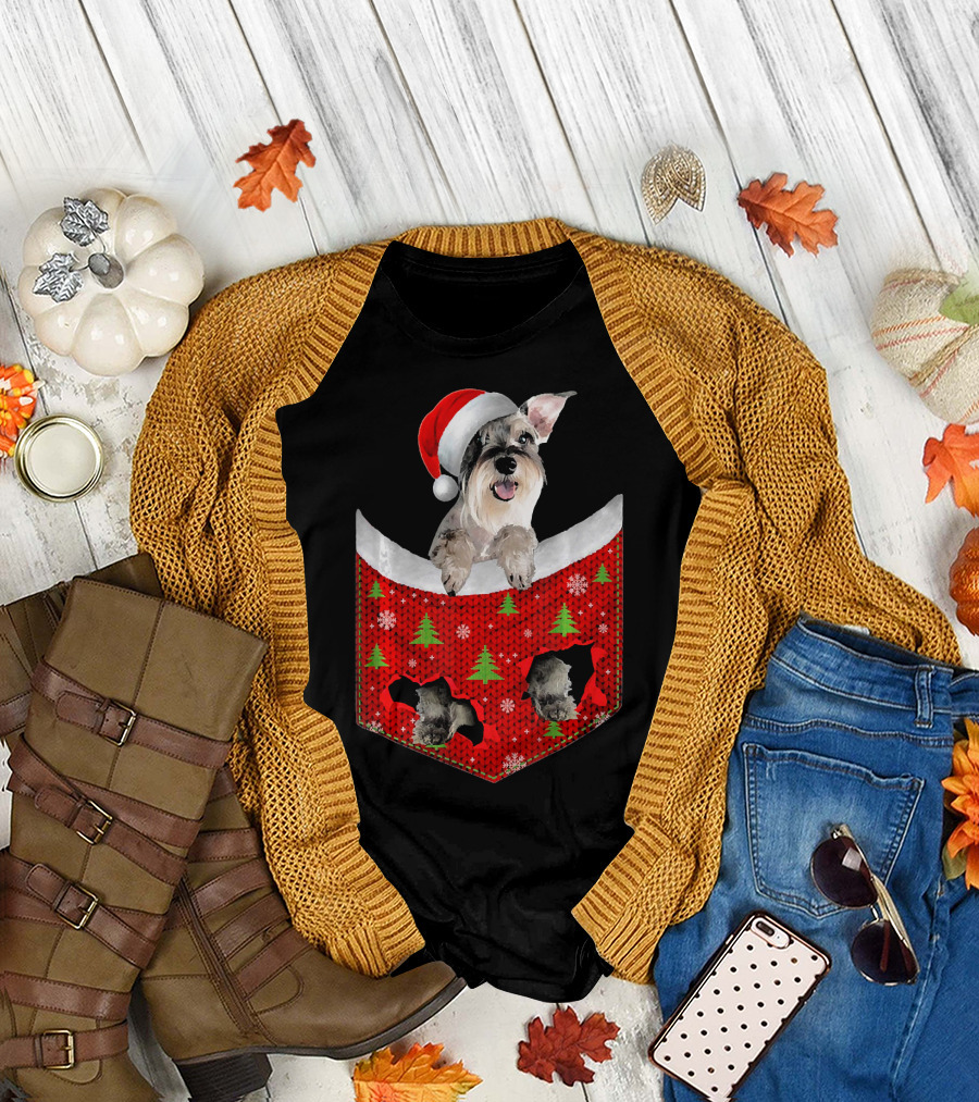 Schnauzer Dog in Santa Hat Christmas Pocket with Trees and Snowflakes T-Shirt