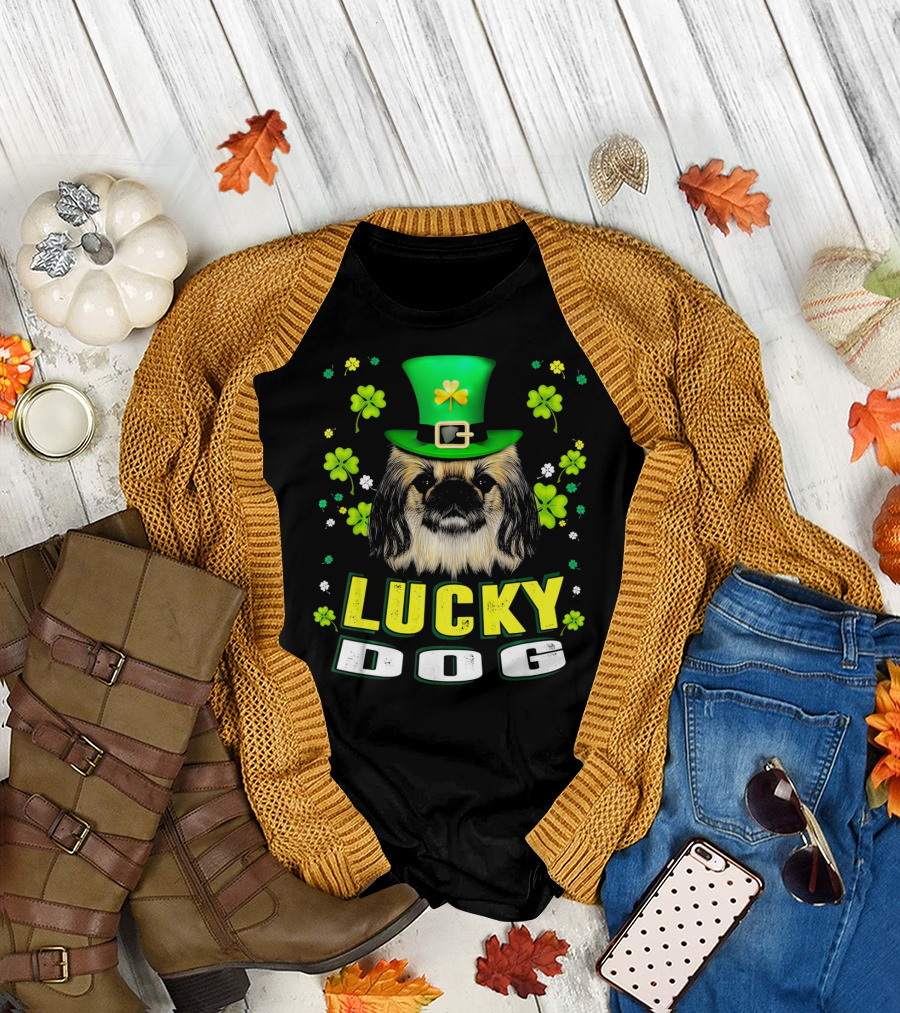 St Patricks Day Pekingese Lucky Dog with Shamrocks and Green Hat T-Shirt
