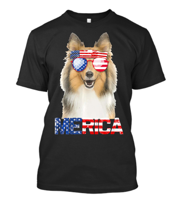 MERICA Sheltie Dog American Flag Sunglasses T-Shirt