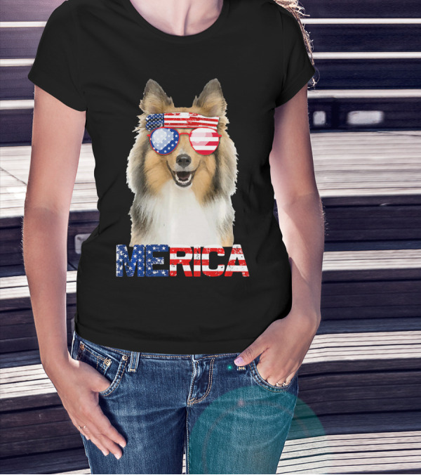 MERICA Sheltie Dog American Flag Sunglasses T-Shirt