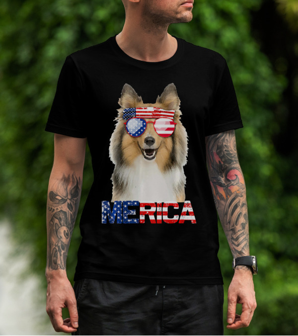 MERICA Sheltie Dog American Flag Sunglasses T-Shirt